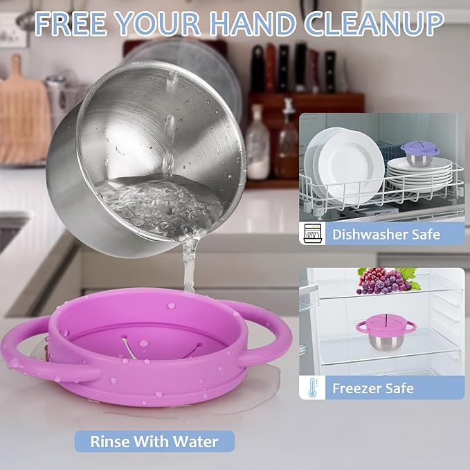 2 Pack 304 Stainless Steel Snack Cups for Toddlers, Toddler Snack Containers with Spill-Proof Silicone Travel Lid & Handle, Dishwasher Safe, Removable Snack Cup for Baby, Toddler, Kids