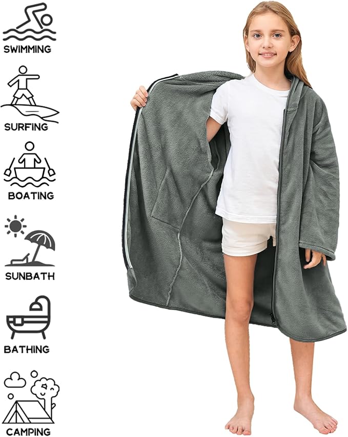 Hiturbo Kids Bath Towel Hoodie: Soft Plush Zipper Surf Poncho - Warm Fleece Changing Towels Swimming Outerwear (Gray)
