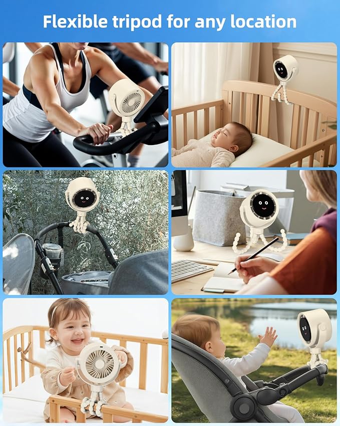 Stroller Fan Portable, Personal Fan for Travel, Air Turbo Tech&Digital display, Detachable 5 Speeds Rechargeable 360° Rotate Flexible Tripod Fan, For Home Office Stroller Camping - Rice White