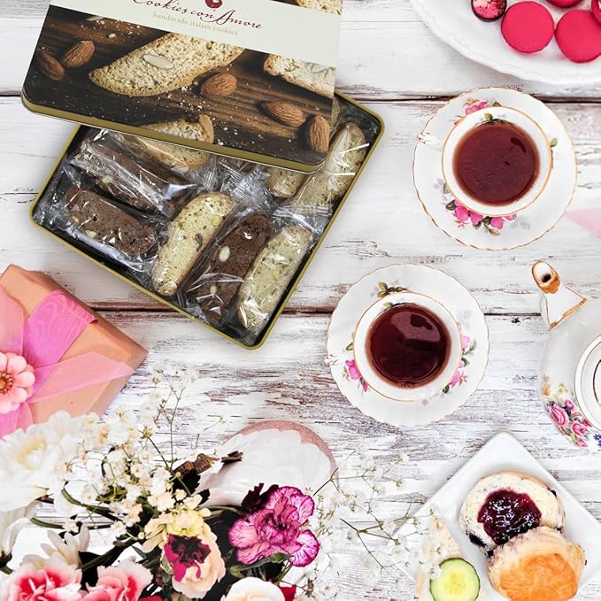 Italian Biscotti Cookie Gift Box, 2lb Square Tin of Individually Wrapped Gourmet Biscotti - Authentic Italian Cookies for Gifting, Coffee Pairing, and Elegant Celebrations