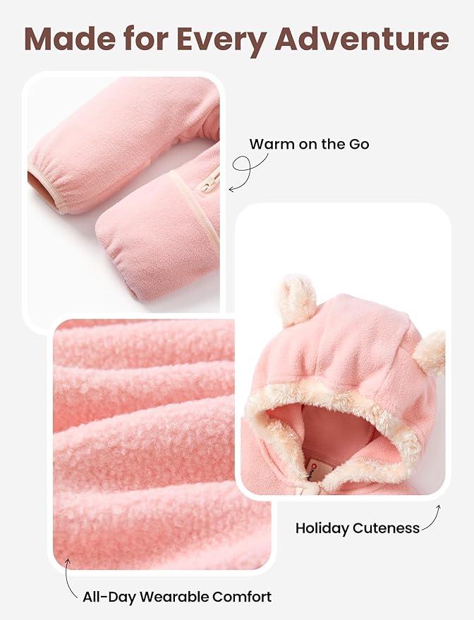 PATPAT Fleece Hooded Footed Romper Clothes, Soft Warm Footie Covers, Car Seat Friendly, Easy Zip, Cute Boy Girl
