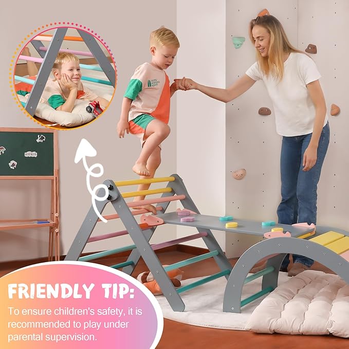 Pikler Triangle Set with Cushion Large, 5 in 1 Toddler Climbing Toys Indoor, Montessori Foldable Climbing Set for Kids, Wooden Playground Jungle Gym with Ramp, Arch and Ladder(Color-A)