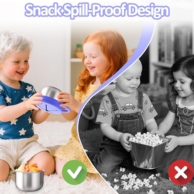BUSOHA 2 Pack Stainless Steel Toddler Snack Cups - 9 OZ Spill-Proof Baby Snack Containers with Lid Travel Snack Containers for Kids Food Grade Silicone Dishwasher Safe