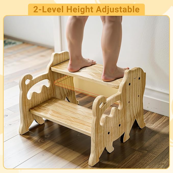 COSYLAND Toddler Step Stool for Bathroom Sink - Height Adjustable 2 Step Stool for Kids - Lovely Cat Style Wooden Potty Training Stool with Handles for Bathroom, Kitchen, Bedroom (Natural)