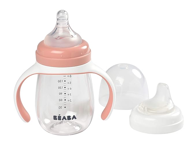 BEABA 2-in-1 Baby Bottle to Transition Sippy Cup, No Spill Sippy Cup, Includes Removable Handles, Silicone Baby Bottle Nipple and Soft Spout, 7 oz (Rose)