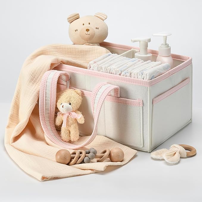 PeraBella Diaper Caddy Organizer with Handle, Baby Shower Gifts Basket Bag, Registry Search Must Haves Items, Nursery Storage Organizer for Newborn Girl Boy, Baby Bag Essentials, Car Diaper Caddy Cart