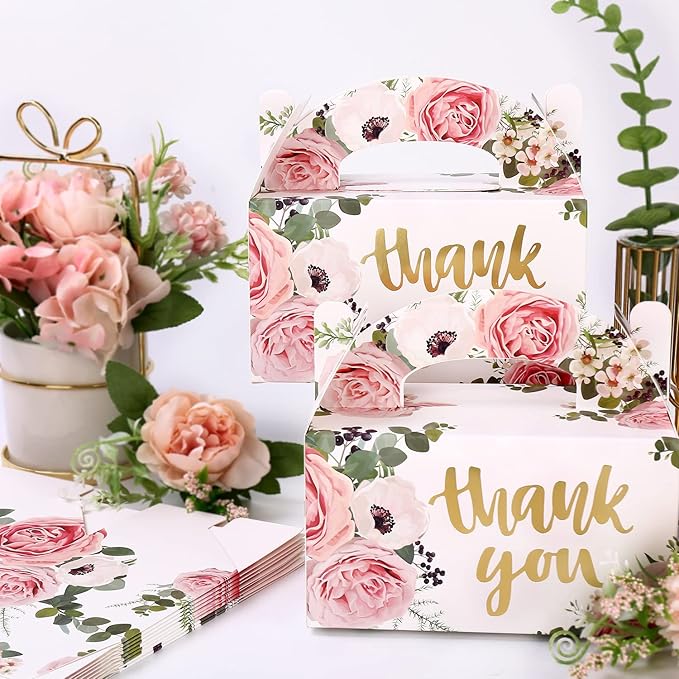SOSFKIM Gable Treat Boxes Large 12 Pack - Floral Party Favor Boxes Bulk Embossed Gold Foil - Goodie Gable Boxes for Baby Shower, Wedding, Birthday 6.3x3.5x3.5 Inch