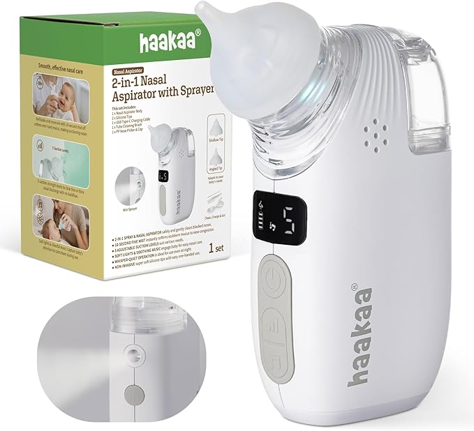 Haakaa Nasal Aspirator for Baby, 2-in-1 Electric Baby Nasal Aspirator with Sprayer β Baby Nose Sucker, Nose Sucker for Baby β 5 Adjustable Suction Levels up to 65kPa, Quiet, Music & Lights