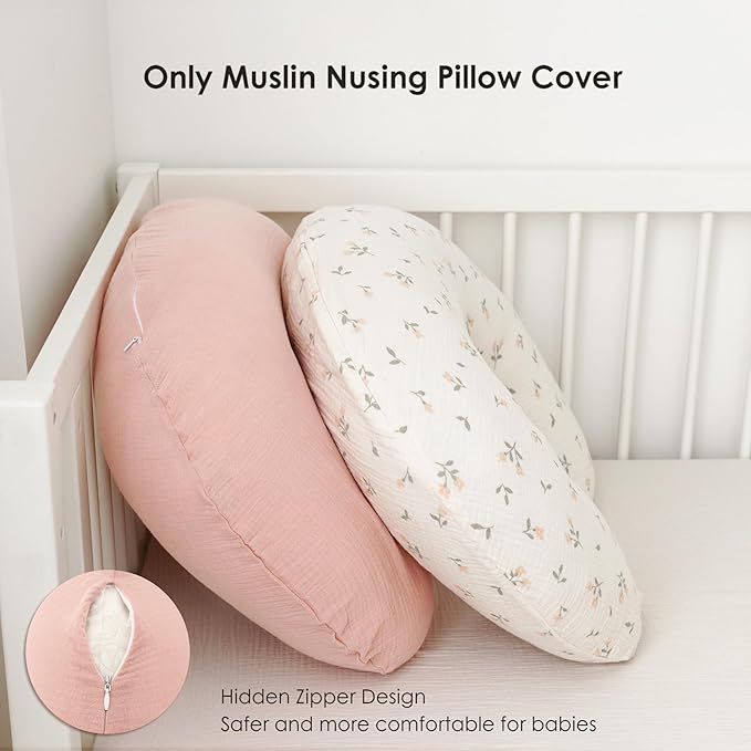2-Pack Muslin Nursing Pillow Covers, Breathable 100% Cotton Breastfeeding Pillow Slipcovers for Standard Nursing Pillows, Soft Covers for Baby Girls and Boys with Zipper