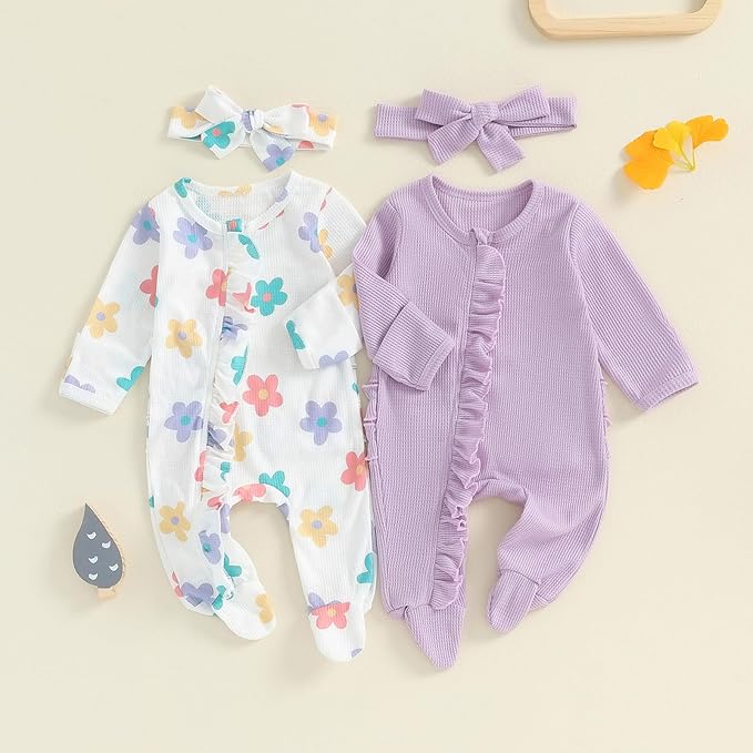 Baby Girl Footies Newborn Zipper Sleeper 2 Pack Ruffle Pajamas Romper Coming Home Outfit
