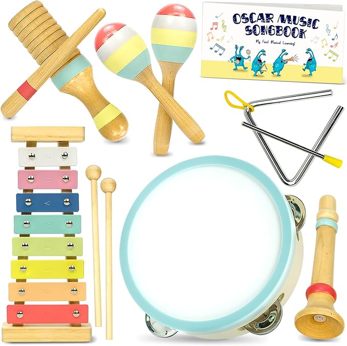 MINIARTIS Baby Musical Instruments Set - Montessori Musical Toys for Toddlers 1-3 | Modern Boho Kids Xylophone with Songbook | Neutral Colors Wooden Percussion Instruments | Preschool Educational 3+