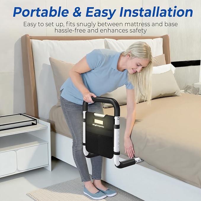 Bed Rails for Elderly Adults Safety 2026 Upgrade, ASTM-Certified Adjustable Bed Cane with Motion Sensor Light, Non-Slip Grip & Storage Pocket, Bed Railings for Seniors Support 350 LBS, Tool-Free