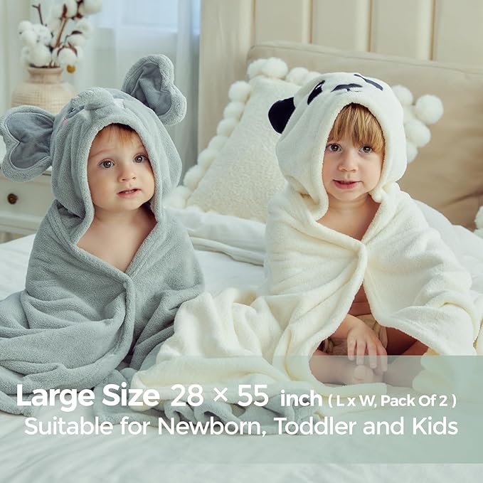 Momcozy Hooded Baby Towels-Visualize Health Label - Soft & Absorbent Coral Fleece Towel for Comfort & Warm - Bath Essential or Shower Gift for Newborn, Toddler and Kids (Large 28 x 55 Inch, 2 Pack)