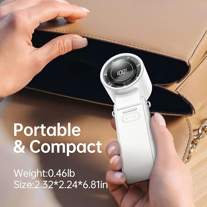 3-in-1 Portable Handheld Turbo Fan-100 Speeds, 13500 RPM, 12Hrs Cooling, Digital Display, 120° Rotation, USB Rechargeable Mini Hand Held Personal Fan for Travel, Makeup, Outdoor, Indoor (White)