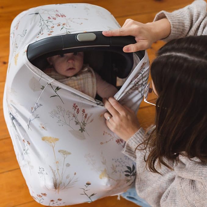 Pobi Baby Premium Multi-Use Cover - Nursing Cover, Baby Car Seat Covers, Shopping Cart, High Chair, and Breastfeeding Cover - Ultra-Soft, Stretchy, Floral Scarf for Baby and Mom (Wildflower)