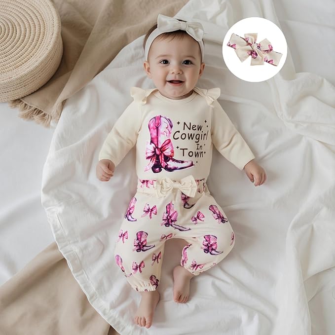 Fernvia Western Newborn Baby Girl Clothes Long Sleeve Letter Print Romper Animal Print Pants Headband 3Pcs Outfits Sets