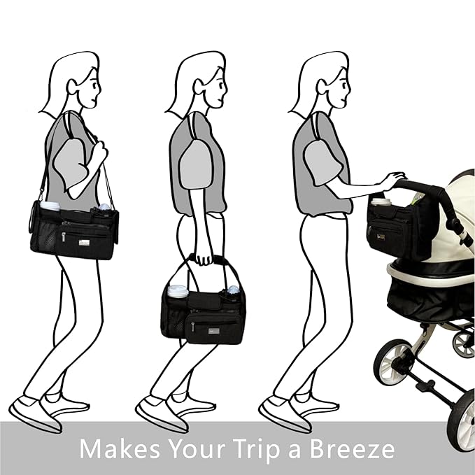 TOPDesign Universal Baby Stroller Organizer, Stroller Caddy with Detachable Mesh Bag & Heightened Insulated Cup Holders & Non-Slip Secure Hooks Accessories, Fits Most Strollers (Black)
