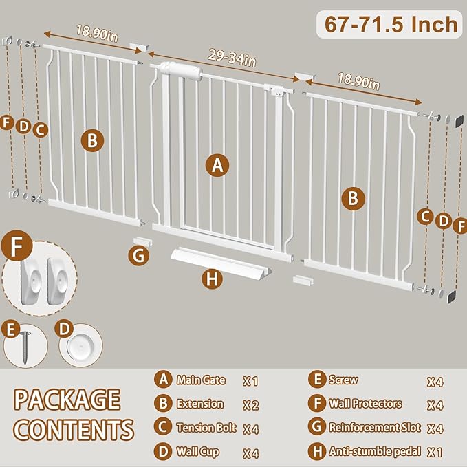 Fairy Baby Extra Wide Baby Gates 67-71.5 Inch, Auto Close Child Safety Gates for Stairway Banister Doorways Hallway,Indoor Safety Child Gates for Kids or Pets