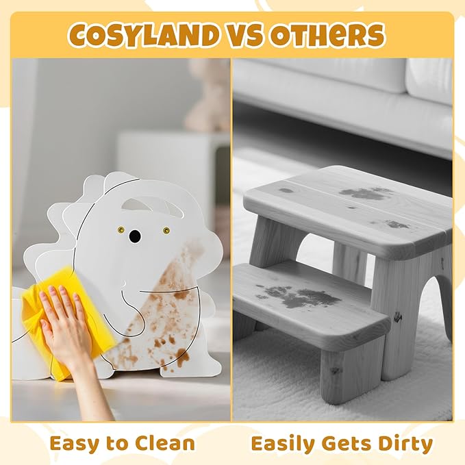 COSYLAND Height Adjustable Kids Step Stools - Supports Up to 220 LBS Wooden Step Stool for Toddlers, Portable Stepping Stools with Handle for Kitchen, Bathroom (Natural & White)