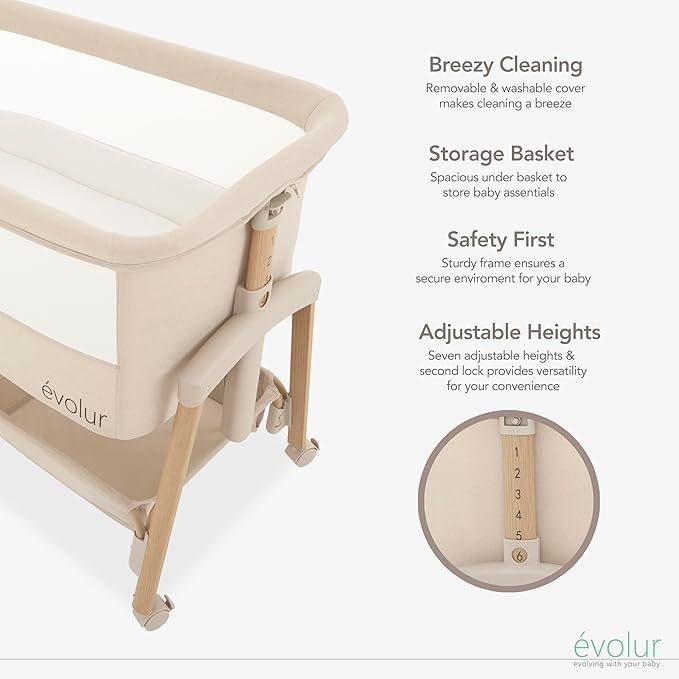 Evolur Lullaby Portable Bassinet with Wheels | Adjustable Bedside Sleeper, Breathable Mesh Sides, Large Storage Basket, Easy Fold, and Travel Bag Included | Perfect for Newborns & Infants