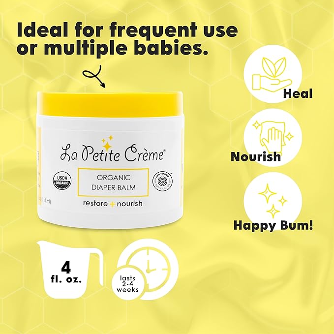 La Petite Creme French Organic Diaper Balm (4 oz) - Healing & Nourishing Diaper Cream - Gentle & Safe Liniment Baby Lotion - USDA Certified Organic - Baby Essentials for Newborn