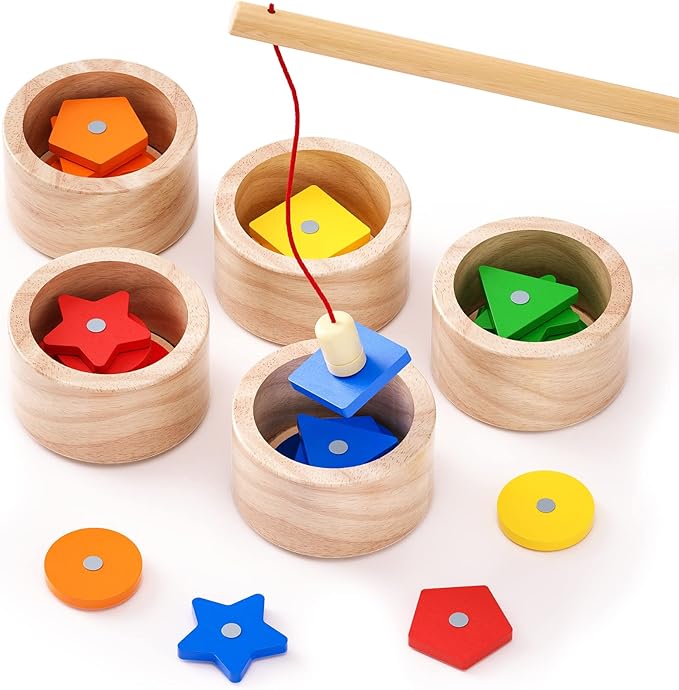 Boby Montessori Toy 2-in-1 Wooden Sorting Cup&Magnetic Fishing Game-Educational Puzzle Toy for Toddlers 1-4 Year Old,Colors Shapes Sorting&Matching Games for Toddlers Developmental Toys