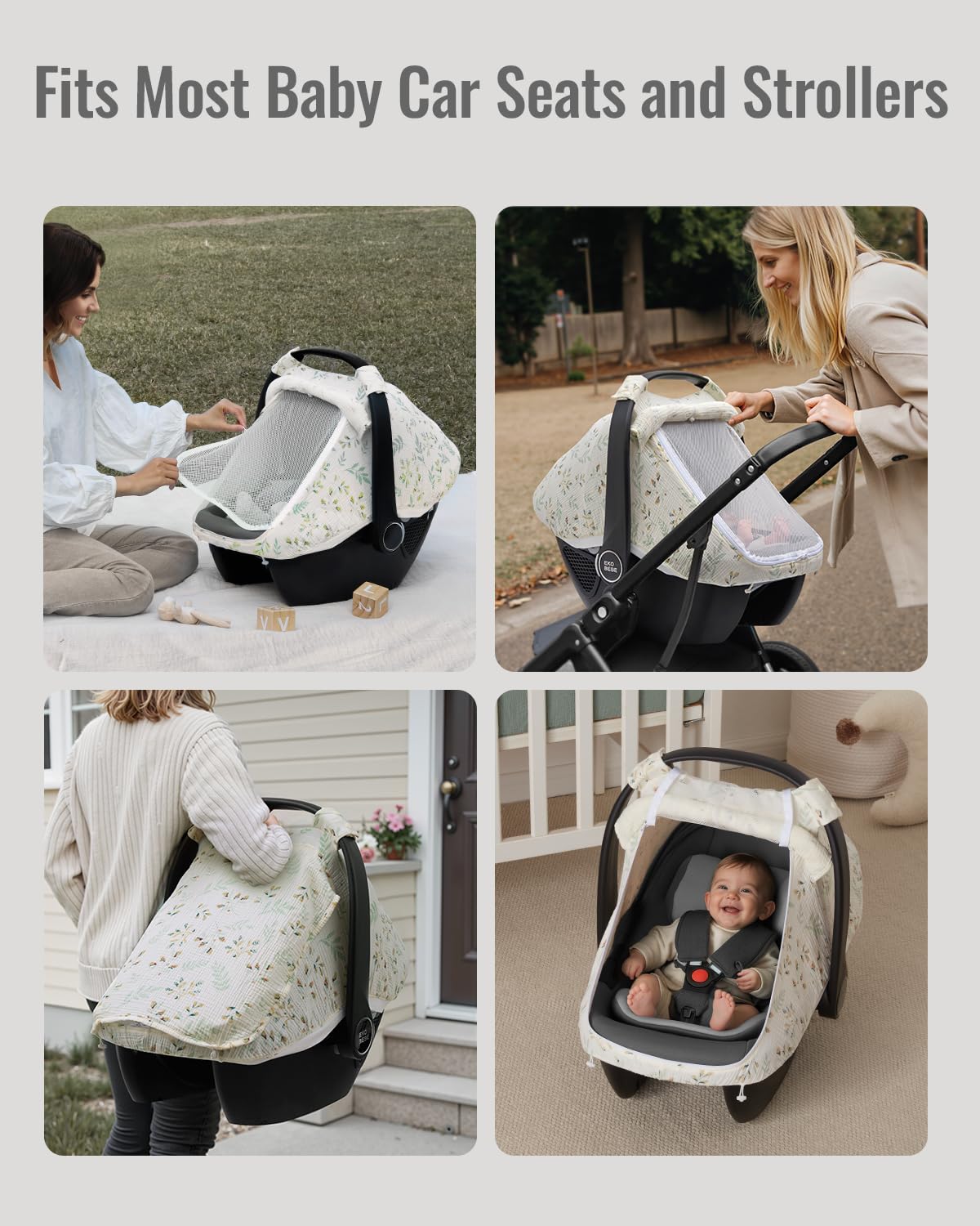 Blissful Diary Baby Car Seat Cover, Extra Large Mesh Window, Breathable Muslin Cotton, Infant Windproof Canopy, Must-Have Baby Gift - Roman Green