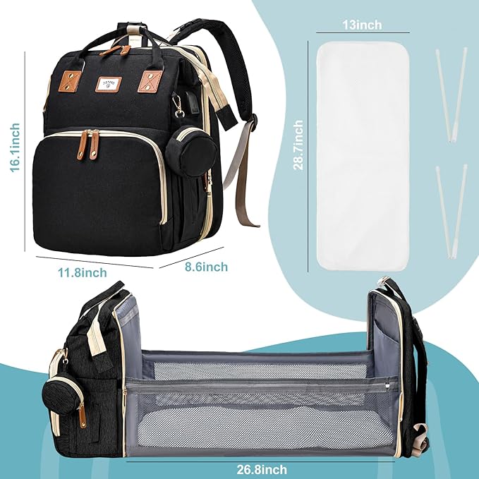 Diaper Bag Backpack, Large Waterproof Lightweight Diaper Bag with Changing Station, Insulated Pockets, USB Port & Stroller Straps, Travel Baby Bag for Mom and Dad, Baby Shower Gifts (Black)