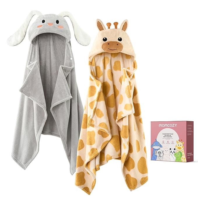 Momcozy Baby Bath Towels with Hooded -Visualize Health Label -Soft & Absorbent Coral Fleece Towel for Comfort & Warm - Bath Essential or Shower Gift for Newborn, Infant,Toddler (Large, 28 x 55 Inch)