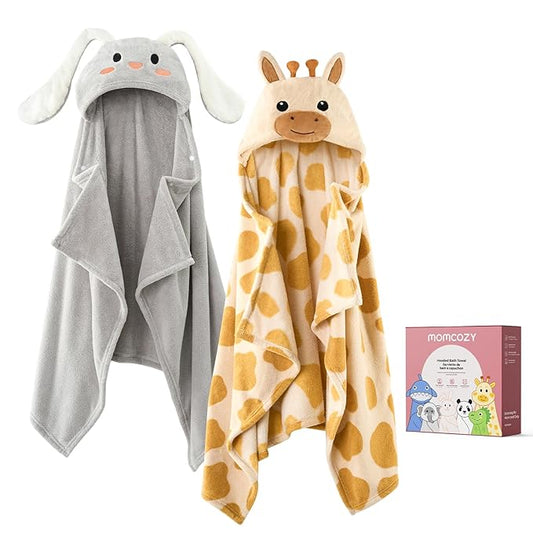 Momcozy Baby Bath Towels with Hooded -Visualize Health Label -Soft & Absorbent Coral Fleece Towel for Comfort & Warm - Bath Essential or Shower Gift for Newborn, Infant,Toddler (Large, 28 x 55 Inch)