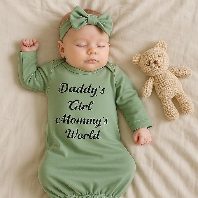 Newborn Baby Gown 0-6 Months, Super Soft Newborn Sleepers Gown, Long Sleeve Nightgown for Baby Girl, Infant Come Home Essential Outfit with Headband Green