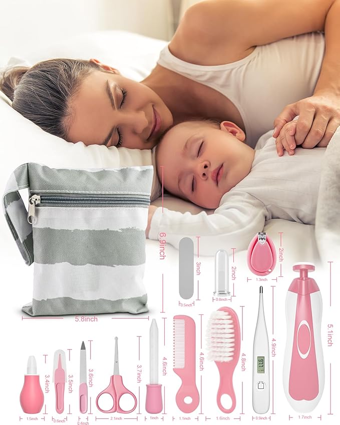 OTTOLIVES Baby Healthcare and Grooming Kit, 24 in 1 Baby Electric Nail Trimmer Set Newborn Nursery Health Care Set for Newborn Infant Toddlers Baby Boys Girls Kids Haircut Tools (0-3 Years+) (Pink)