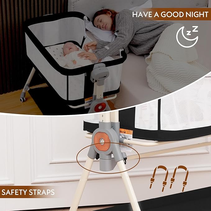 Baby Bassinet,Rocking Bassinet with Waterproof Sheet,3 in 1 Baby Bassinets Bedside Sleeper,6 Height Adjustable Bedside Bassinet for Newborn(Black)