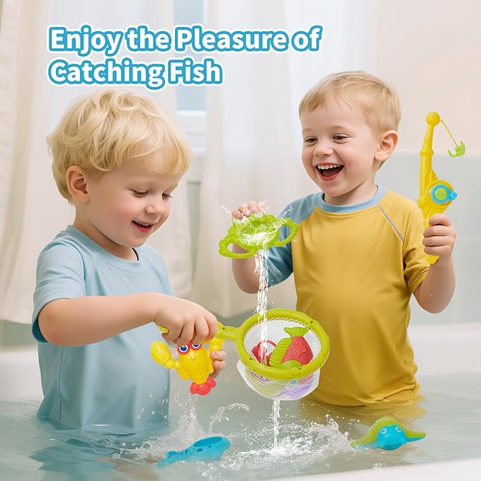 Toddler Bath Toys for Kids, 26PCS Mold Free Bath Toys with Hook-Type Fishing Rod Net Floating Sea Animals and Storage Bag, Bathtub Water Table Pool Toys for Toddlers and Babies
