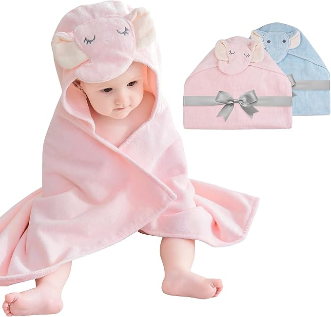 Mooreeke 2 Pack Baby Towels - 100% Cotton Baby Hooded Towels - Soft Baby Bath Towels with Hood for Newborn - Comfort Towels for Baby Girls and Boys - Animal Shaped Design (Elephants)