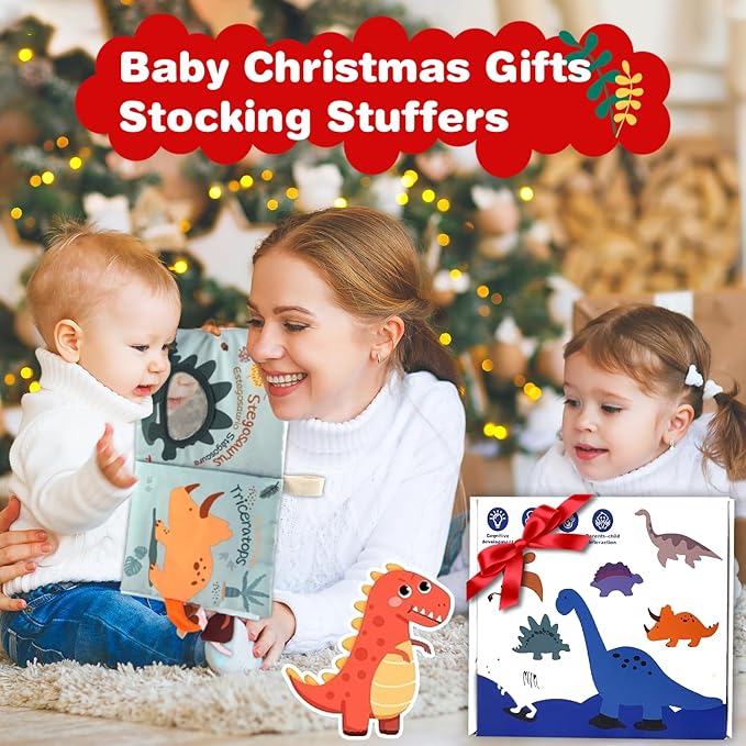 Richgv Baby Books Toys 0-6-12 Months, Baby Boy Gifts Touch and Feel Crinkle Books with Dino Doll, Newborn Infant Carseat Toys 6-9-12 Months Shower Gifts Easter Basket Stuffers
