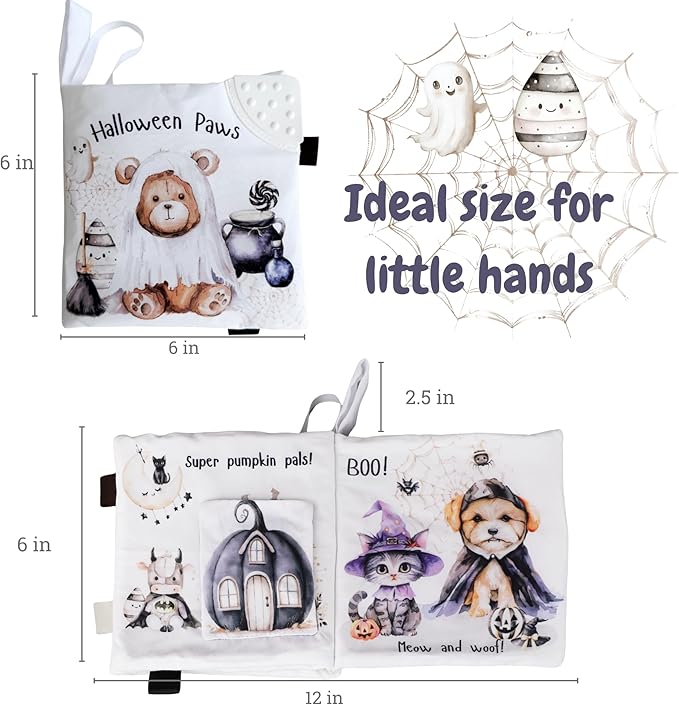Ali+Oli Baby Cloth Book – Soft Sensory Crinkle Book with Teether for Infants 0-12 Months – Early Learning Touch & Feel Tummy Time Toy – Newborn Shower Gift for Christmas - Halloween Paws