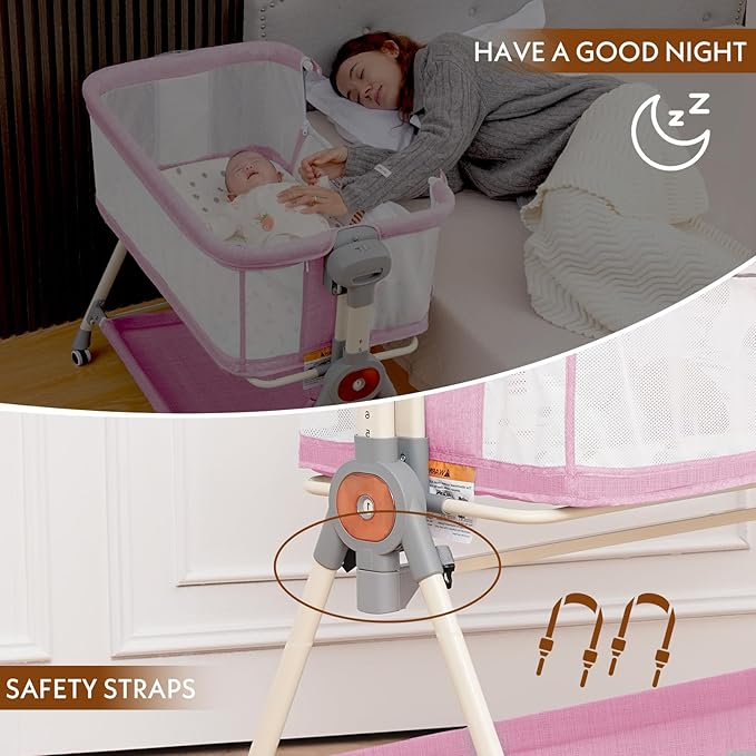 Baby Bassinet, Rocking Bassinet with Waterproof Sheet, 3-in-1 Baby Bassinets Bedside Sleeper, 6 Height Adjustable Pink Bassinet