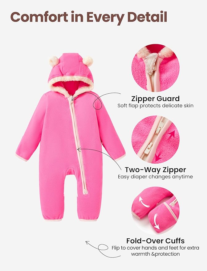 PATPAT Fleece Hooded Footed Romper Clothes, Soft Warm Footie Covers, Car Seat Friendly, Easy Zip, Cute Boy Girl