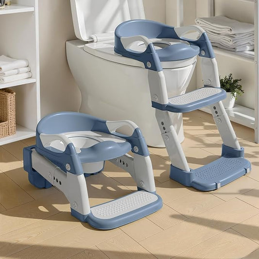 3-in-1 Potty Training Seat & Training Toilet & Potty Chair, Height Adjustable Toddler Toilet Seat for Kids Boys Girls, Foldable Potty Training Toilet with Splash Guard and Anti-Slip Steps (Grey)