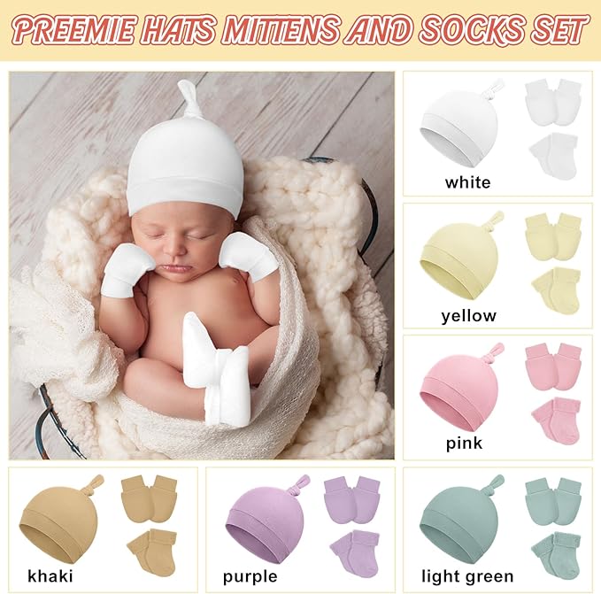 6 Pcs Preemie Hats Mittens and Socks Set Cotton Preemie Cap Knotted Hat No Scratch Warm Terry Socks for Boys Girls