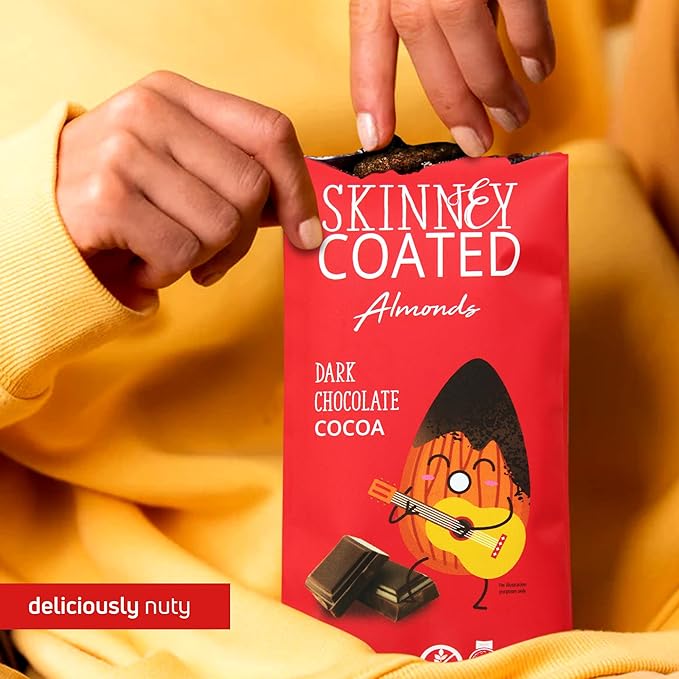 Skinny Coated Dark Chocolate Cocoa Snacks, Cocoa Flavored Almonds Healthy Chocolate Snacks in Bulk - Skinny Almonds, Kosher, Gluten Free Sweet Snacks for Adults, 1.2Oz p/Bag, 6 Pack