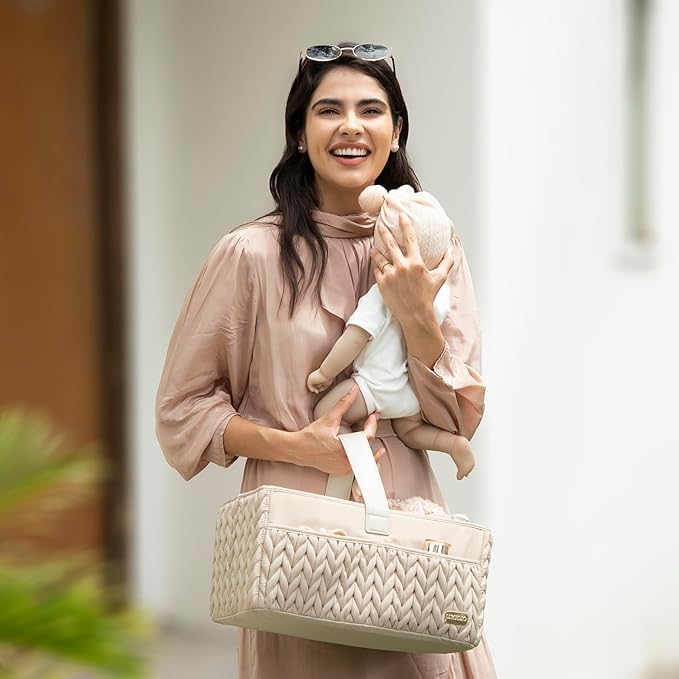 Luxurious Baby Diaper Caddy, Nursery Storage Basket for Newborn Essentials, Travel Baby Basket for Diapers Baby Wipes, Organizer Tote Bag Storage Bin, Baby Shower Gifts(Beige)