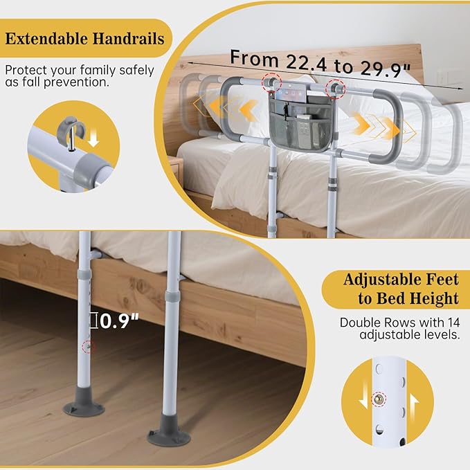Bed Rails for Elderly Adults Safety, Sturdy Beds Assist Rail for Seniors; Adjustable Beds Rail Stable Bed Cane Guard with Extended Handle Bar - Fit King Queen Full Twin Bed