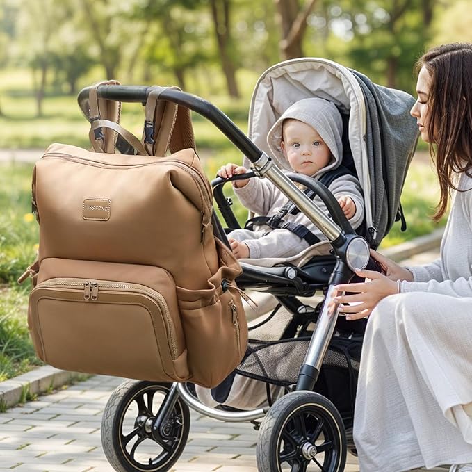miss fong Diaper Bag Backpack - Baby Diaper Bag Neoprene Bag Large Capacity Neoprene Backpack with Diaper Changing Pad Travel Diaper Backpack Baby Backpack with 12 Pockets for Mom & Dad -Brown