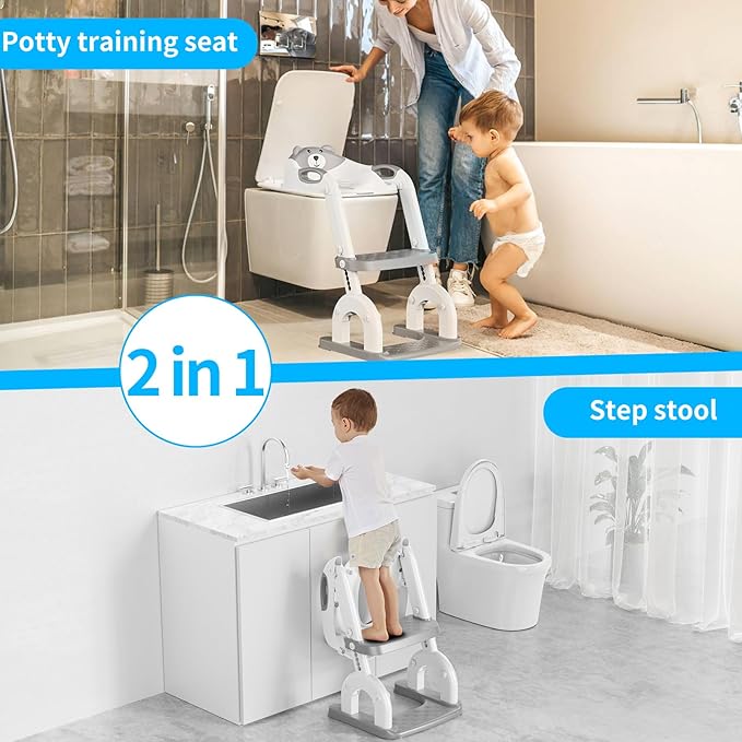 Potty Training Toilet, Adjustable Toddler Toilet Seat and Step for Kids, 2 in 1 Toilet Steps for Toddlers,Non Slip & Space Efficient & Splash Guard