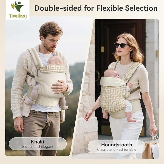 Reversible Baby Carrier, Khaki Solid & Houndstooth; Lightweight, Cooling & Breathable Lyocell Fabric; Ergonomic Lumbar Support and Quick Hands-Free Wear for Newborn to Toddler (7–44 lbs)