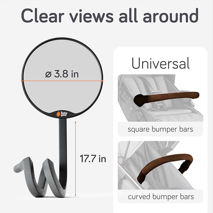 Baby Uma Stroller Mirror for Baby - 100% Shatterproof Clamp On Mirror, Universal with Tight-Grip Silicone Leg, Easy On 'n Off, Stroller Accessories (⌀ 3.8 in)
