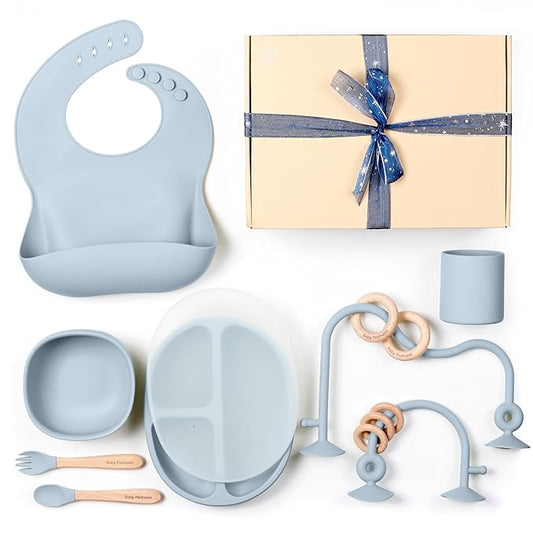 Set of Silicone Feeding Set 6 in 1 and Educational Montessori Toys, for Baby and Infant Toddlers (Dusty Blue)