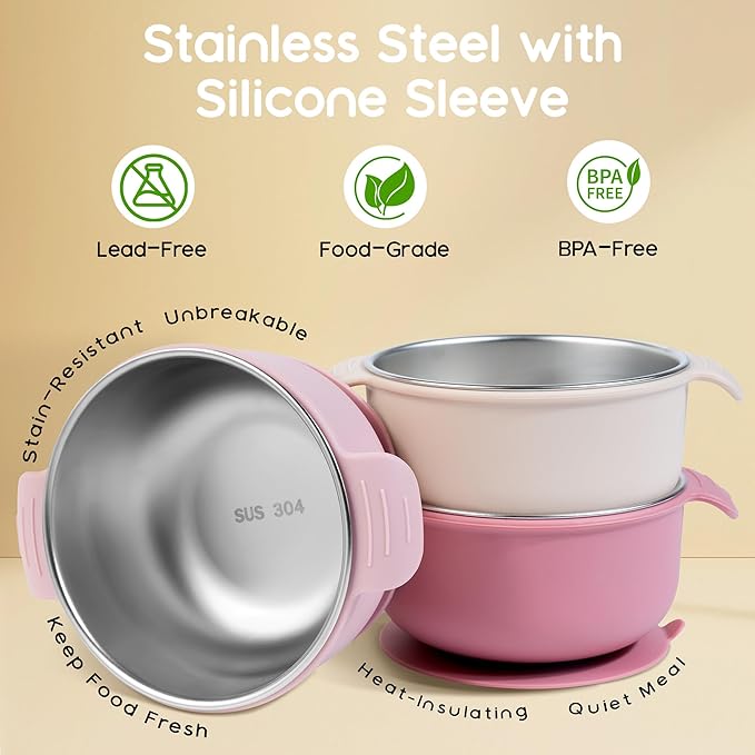Bella’s Friends Stainless Steel and Silicone Baby Bowls with Suction 3 Pack, 4.3” for Toddlers Kids Feeding, Non-Slip, Non-Toxic, Mess-Free, Dishwasher Safe, Fit High Chair Size, light pink beige pink